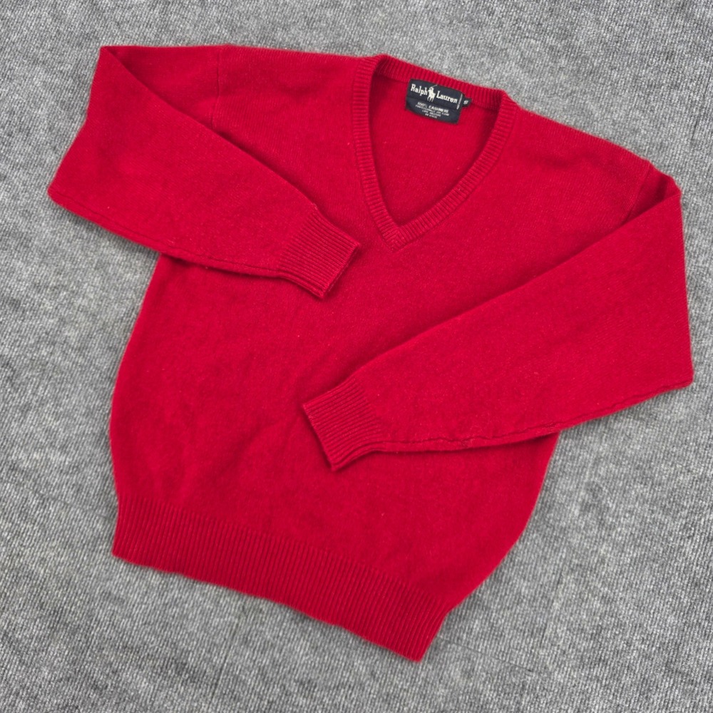 Ralph Lauren Red 100% Cashmere V-Neck Sweater Mens Small Vintage Made in HK